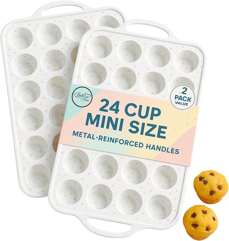 BAKE BOSS 2-Pack Mini Muffin Pan – 24-Cup Silicone Mini Muffin Pans for Baking with Metal-Reinforced Handles – Nonstick, BPA-Free Silicone Muffin Tray for Mini Cupcakes & Snacks – Dishwasher Safe, Cream - Image 1